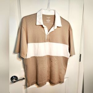 😀 Tan and White Color-Block Polo Shirt